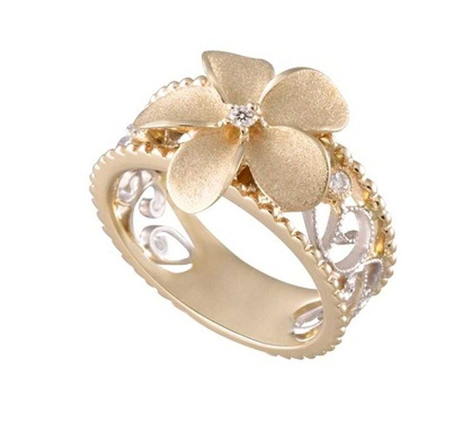 Hawaiian Jewelry Denny Wong  | 14K 2/Tone Chandelier Plumeria Ring With 3 Diamonds